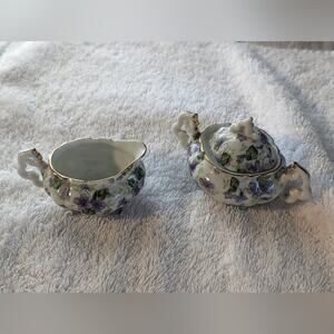 Vintage Lefton Mini Cream & Lidded Sugar Hand Painted Violets #794V Gold Accents